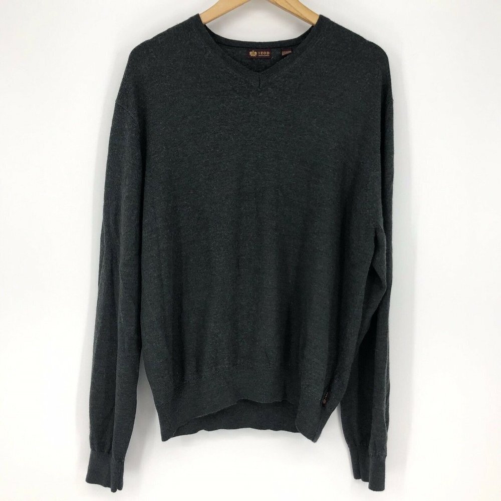 Izod Wool Blend Sweater Mens Size XXL 2XL Gray V-Neck Long Sleeve Knit Soft